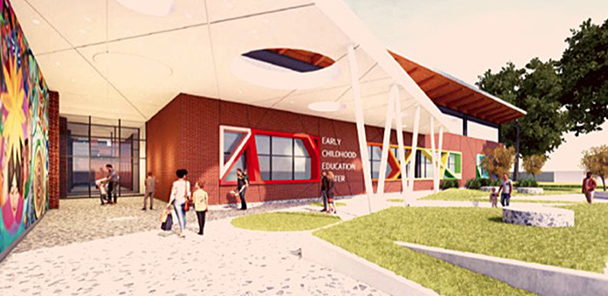 Rendering of early childcare center with large white awning and people walking in the front door.
